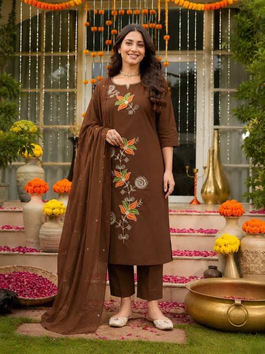 Brown Embroidered Cotton Suit Set