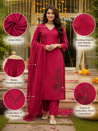 Deep Red Embroidered Cotton Suit Set