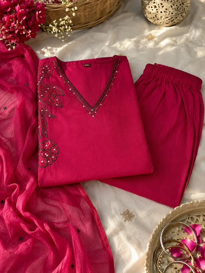 Deep Red Embroidered Cotton Suit Set