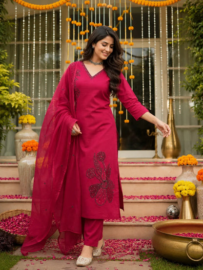 Deep Red Embroidered Cotton Suit Set