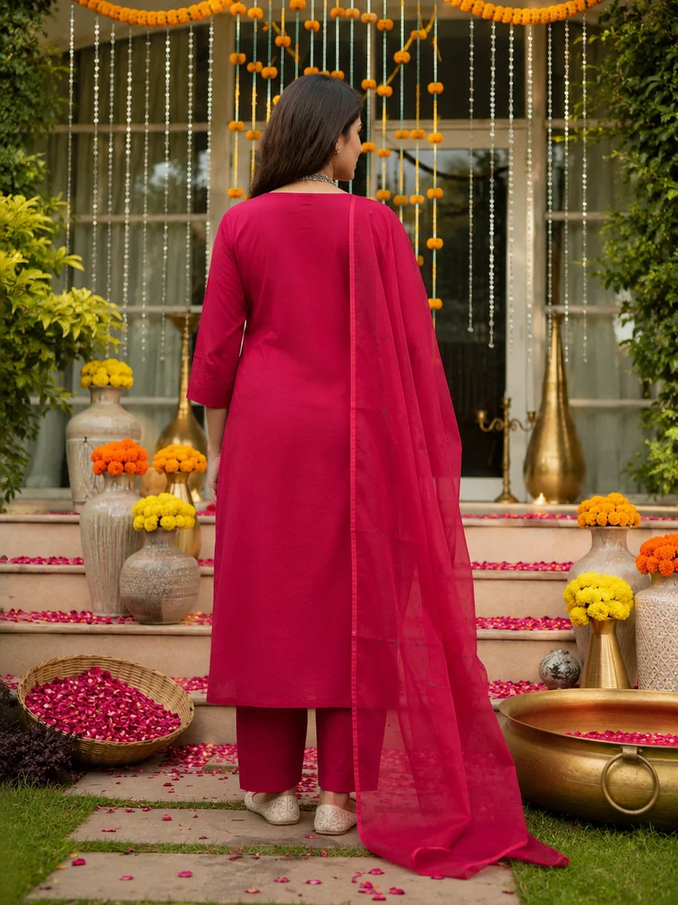 Deep Red Embroidered Cotton Suit Set