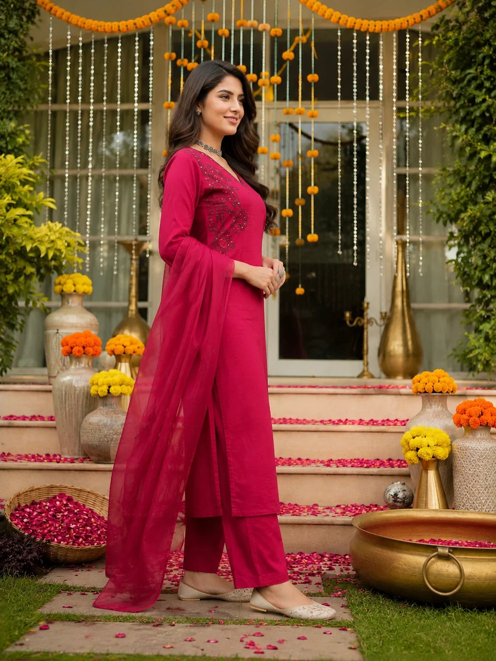 Deep Red Embroidered Cotton Suit Set