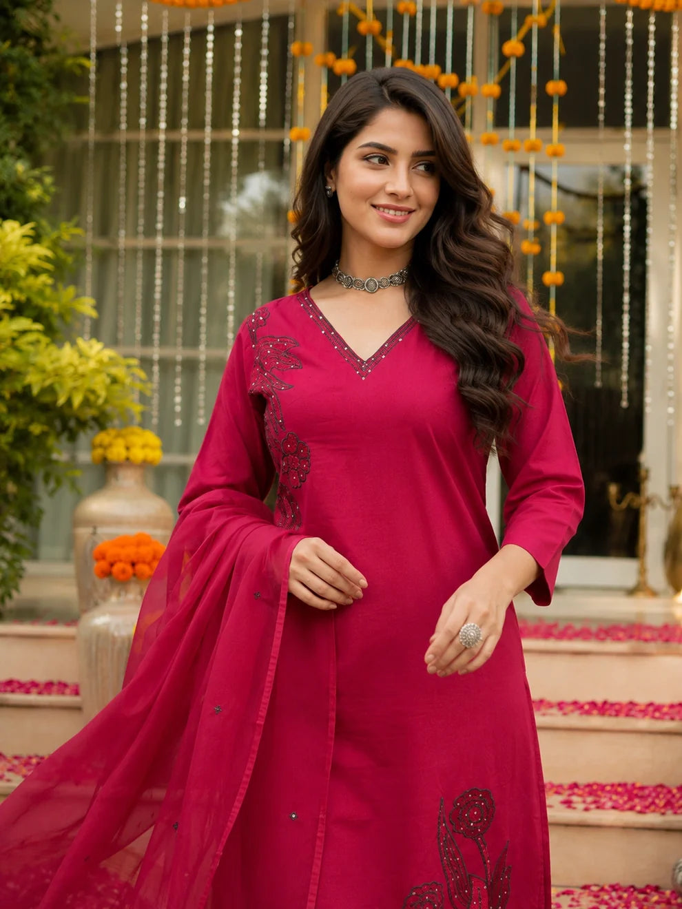 Deep Red Embroidered Cotton Suit Set