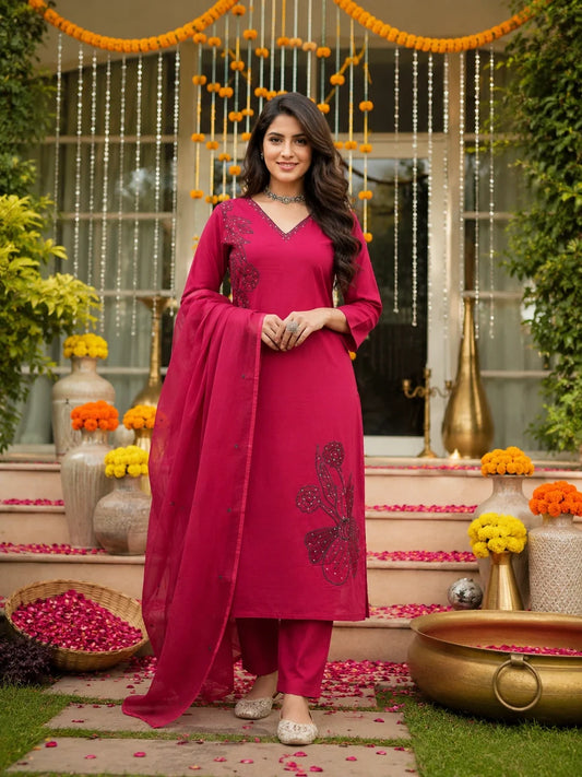 Deep Red Embroidered Cotton Suit Set