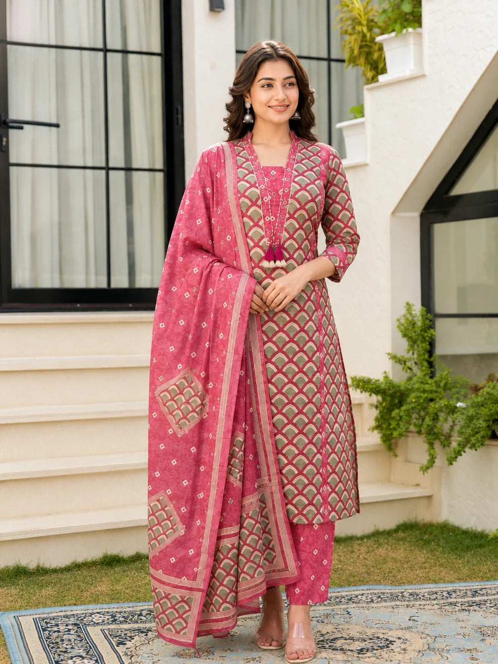 Dusty Pink Cotton Printed Suit Set