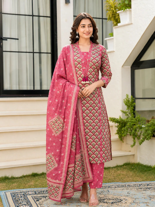 Dusty Pink Cotton Printed Suit Set