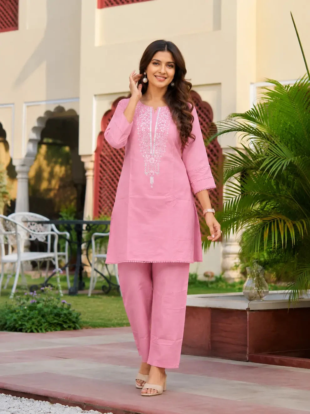 Light Pink Cotton Embroidered Co-ord Set