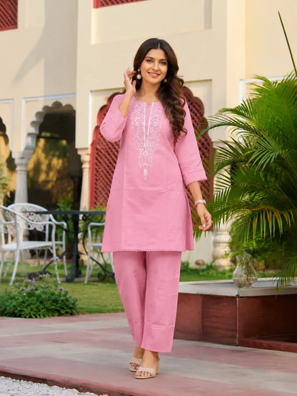 Light Pink Cotton Embroidered Co-ord Set
