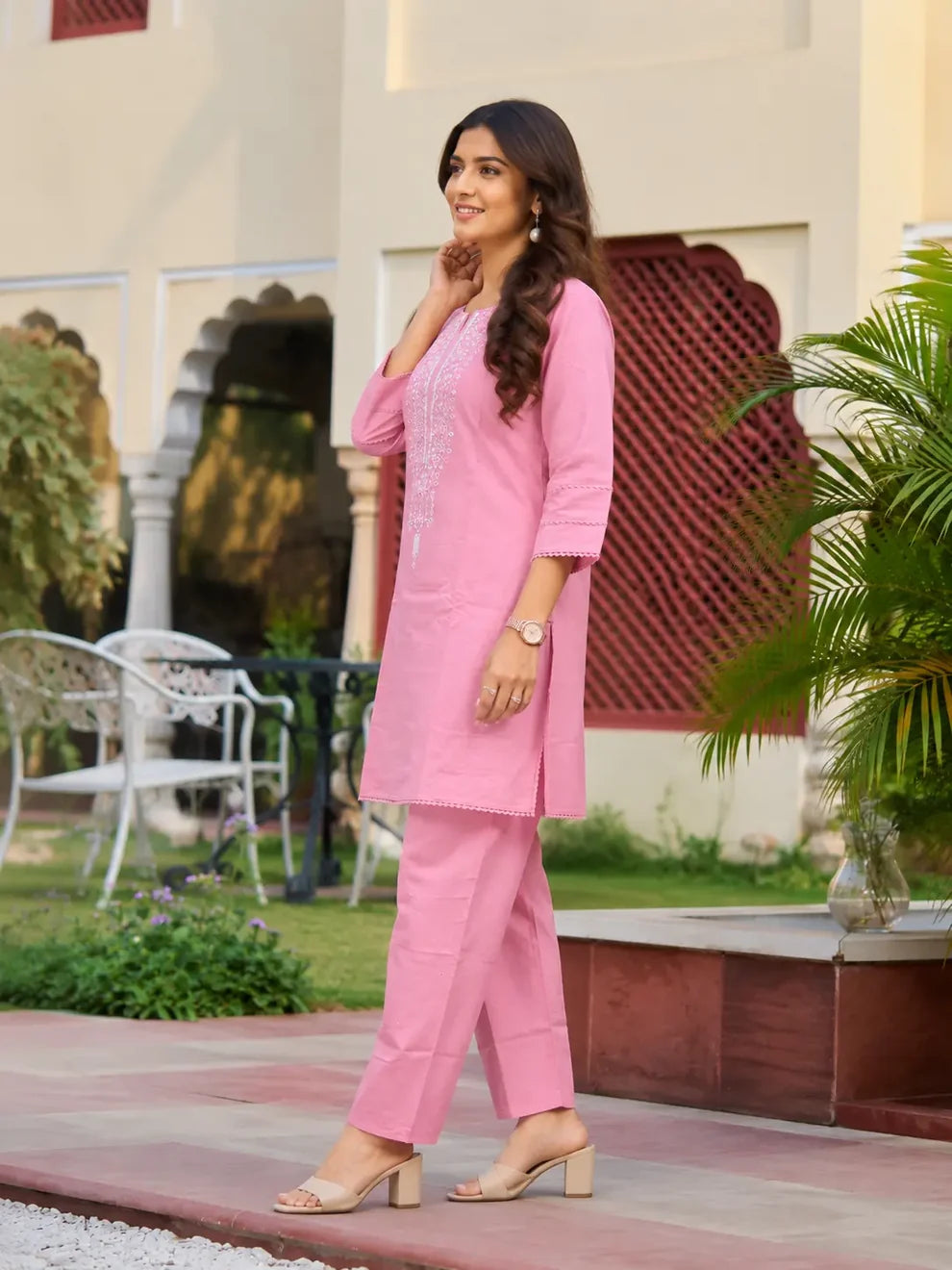 Light Pink Cotton Embroidered Co-ord Set
