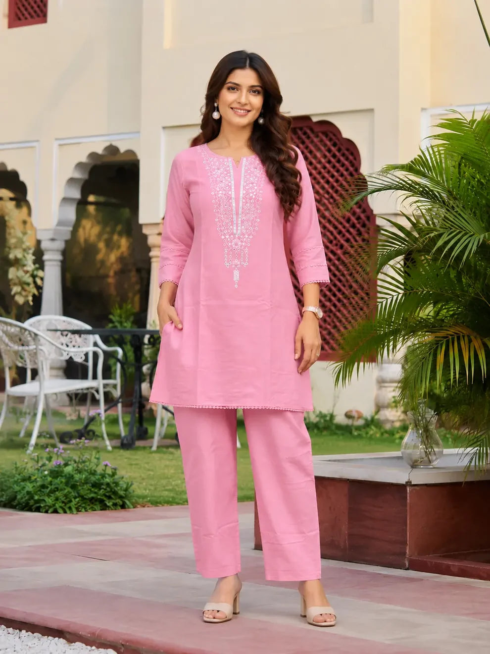 Light Pink Cotton Embroidered Co-ord Set