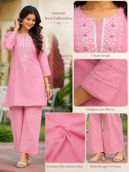 Light Pink Cotton Embroidered Co-ord Set