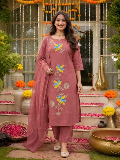 Mustard Floral Embroidered Cotton Suit Set