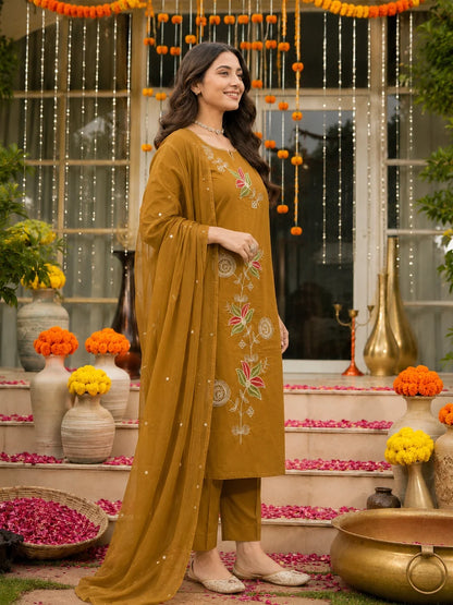Mustard Floral Embroidered Cotton Suit Set