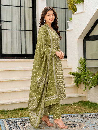 Olive Green Cotton Printed Suit Set