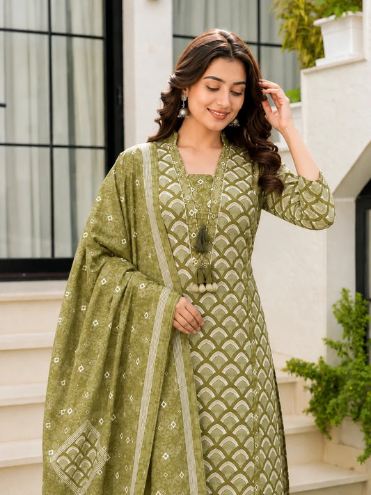 Olive Green Cotton Printed Suit Set