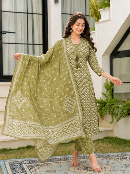 Olive Green Cotton Printed Suit Set