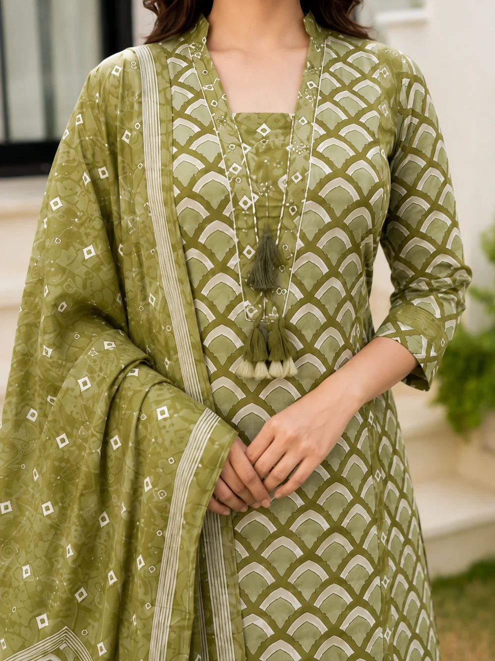 Olive Green Cotton Printed Suit Set