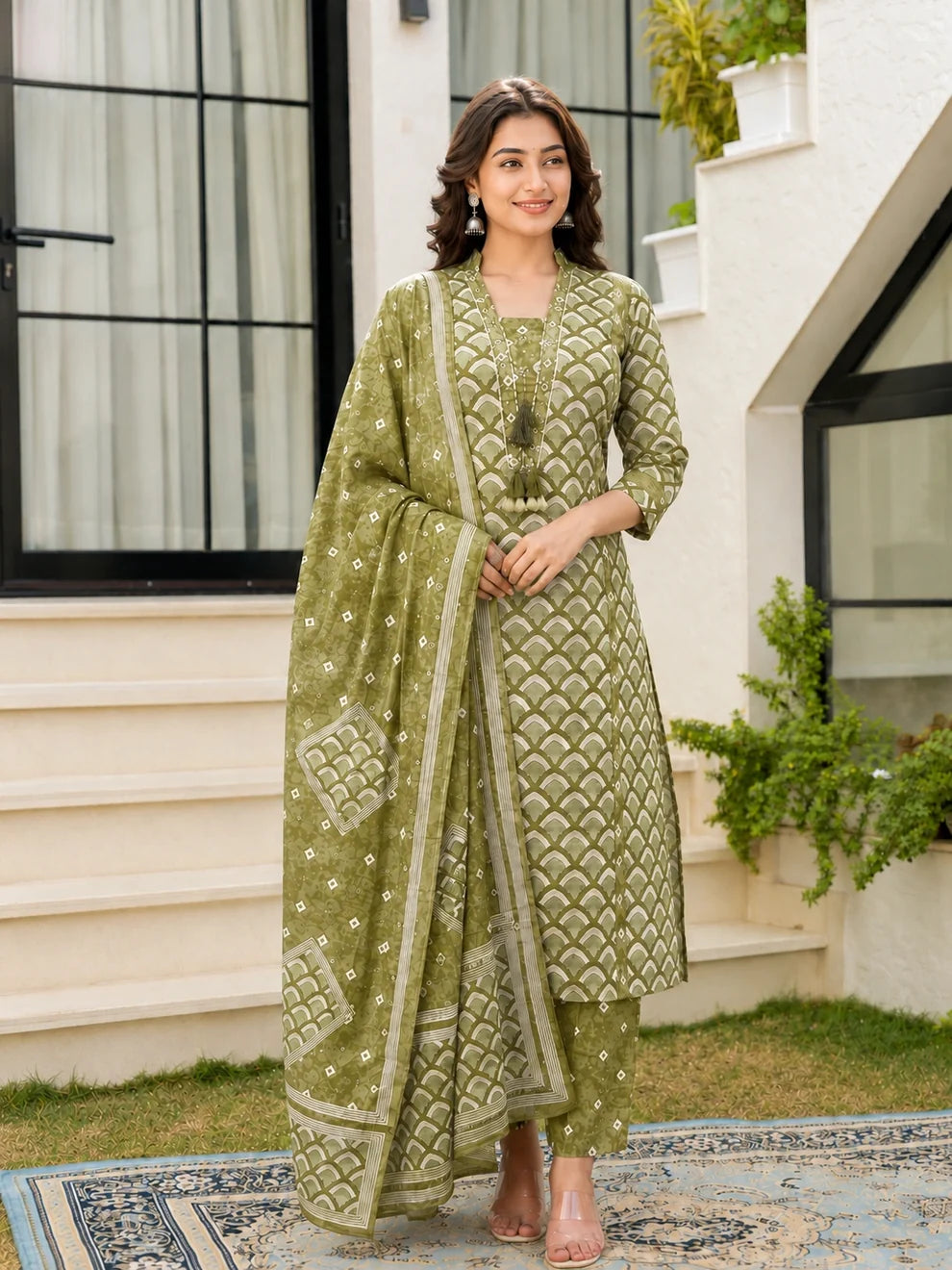 Olive Green Cotton Printed Suit Set