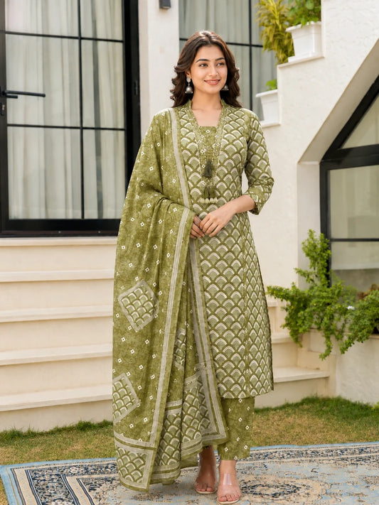 Olive Green Cotton Printed Suit Set