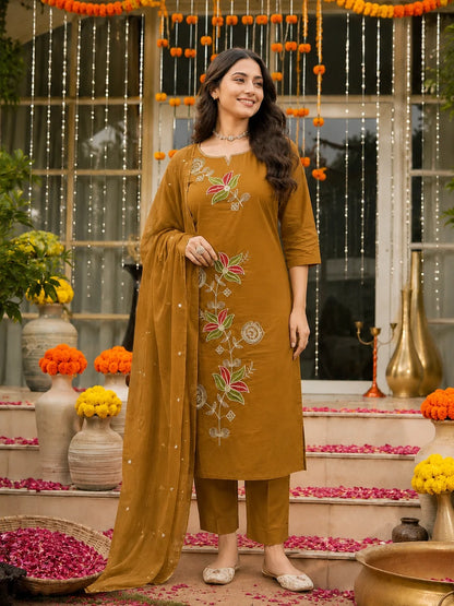 Mustard Floral Embroidered Cotton Suit Set