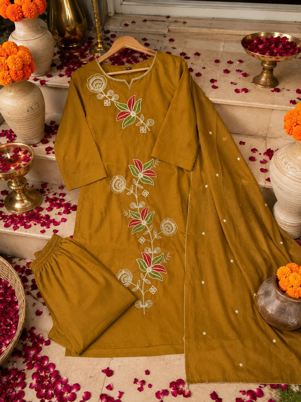 Mustard Floral Embroidered Cotton Suit Set