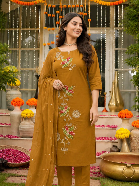 Mustard Floral Embroidered Cotton Suit Set