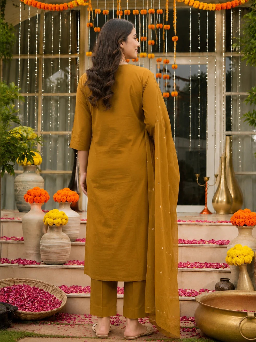 Mustard Floral Embroidered Cotton Suit Set