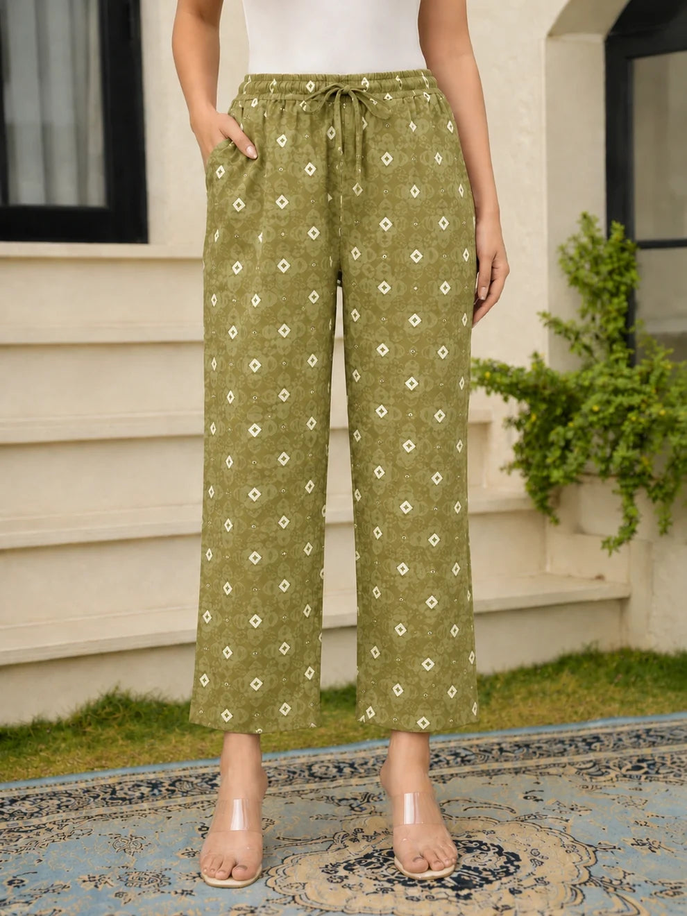 Olive Green Cotton Printed Suit Set