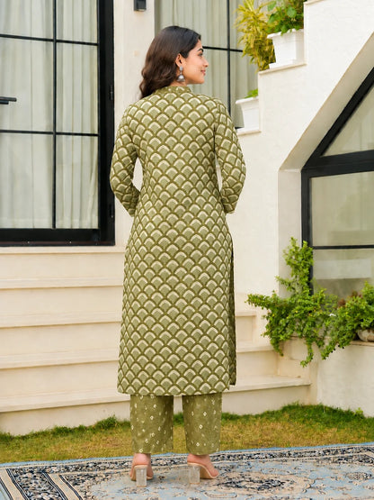Olive Green Cotton Printed Suit Set