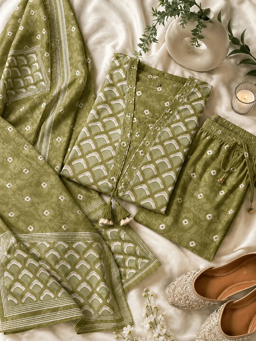 Olive Green Cotton Printed Suit Set