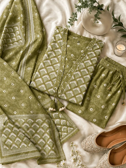 Olive Green Cotton Printed Suit Set