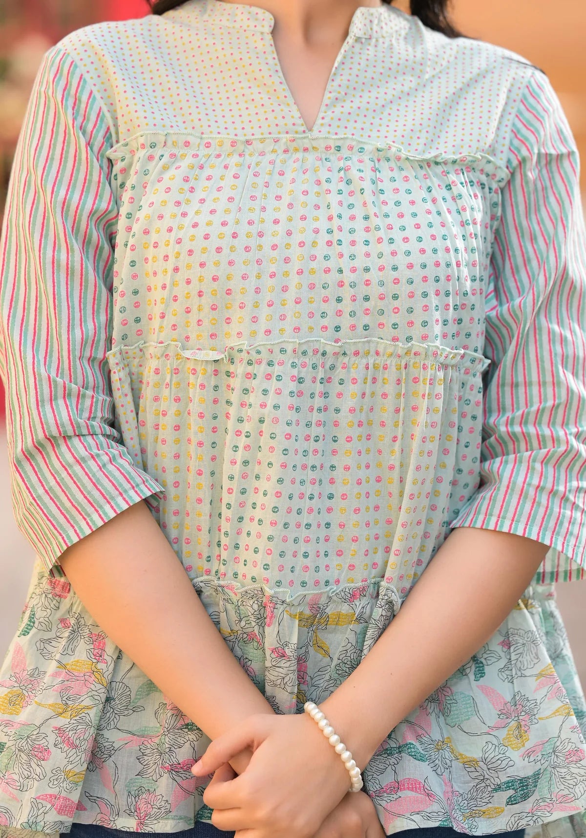 Pista Green Floral Printed Cotton Gathered Tunic
