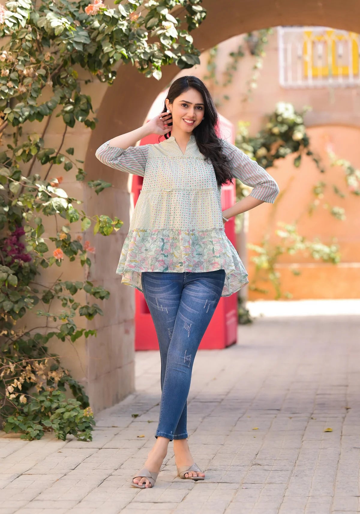 Pista Green Floral Printed Cotton Gathered Tunic