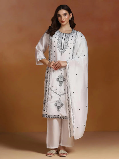 Women Chanderi White Embroidered Kurta Comfort Pant Dupatta
