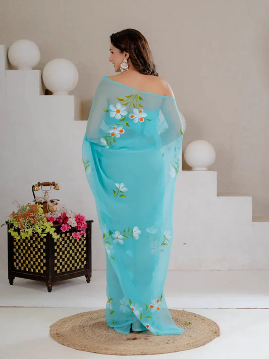 Sky Blue Hand Painted Georgette Saree with White Hibiscus Floral Print