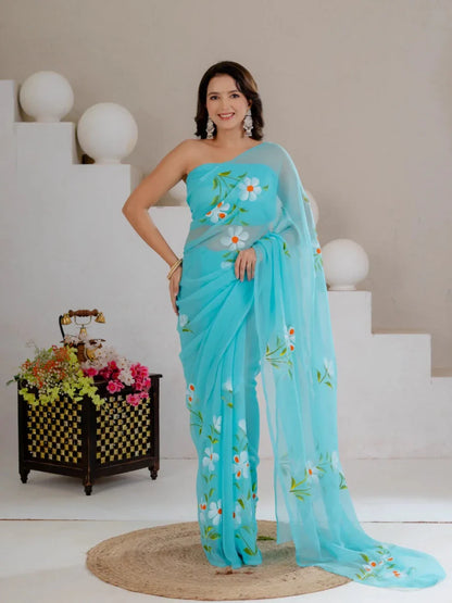 Sky Blue Hand Painted Georgette Saree with White Hibiscus Floral Print