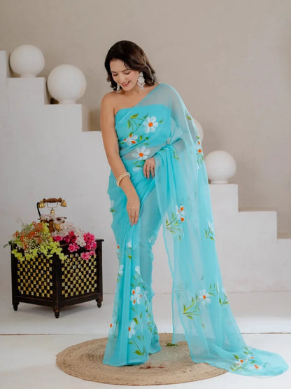 Sky Blue Hand Painted Georgette Saree with White Hibiscus Floral Print