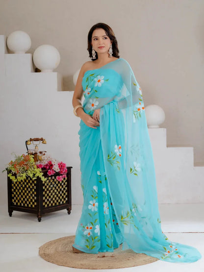Sky Blue Hand Painted Georgette Saree with White Hibiscus Floral Print