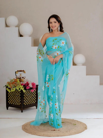 Sky Blue Hand Painted Georgette Saree with White Hibiscus Floral Print