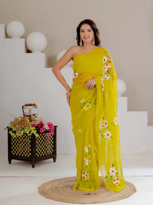Lime Green Hand Painted Georgette Saree with White Hibiscus Floral Print