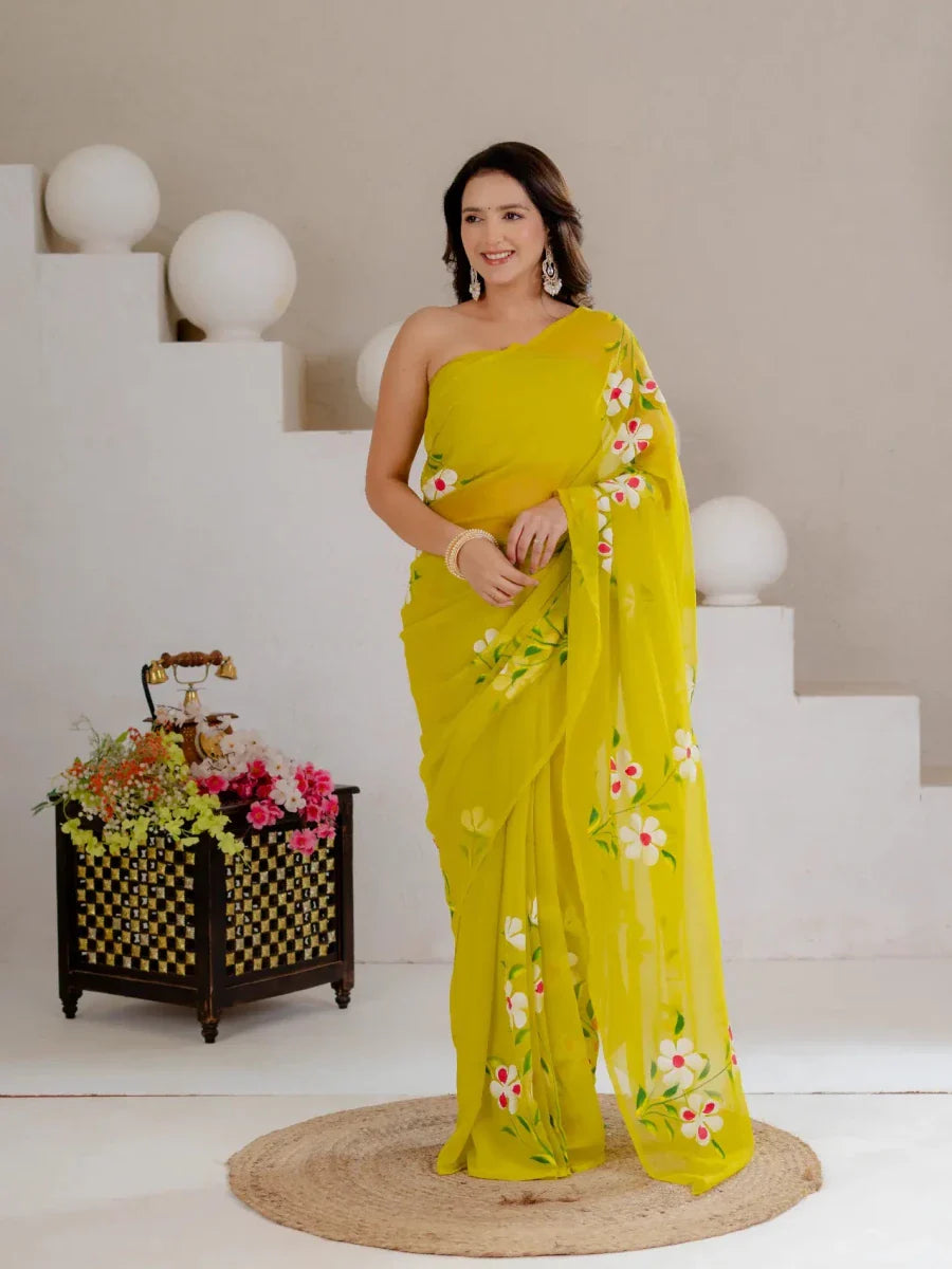 Lime Green Hand Painted Georgette Saree with White Hibiscus Floral Print