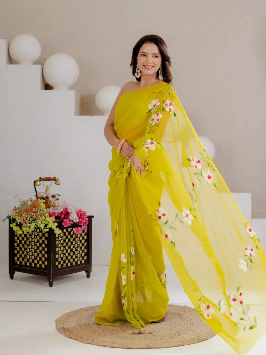 Lime Green Hand Painted Georgette Saree with White Hibiscus Floral Print