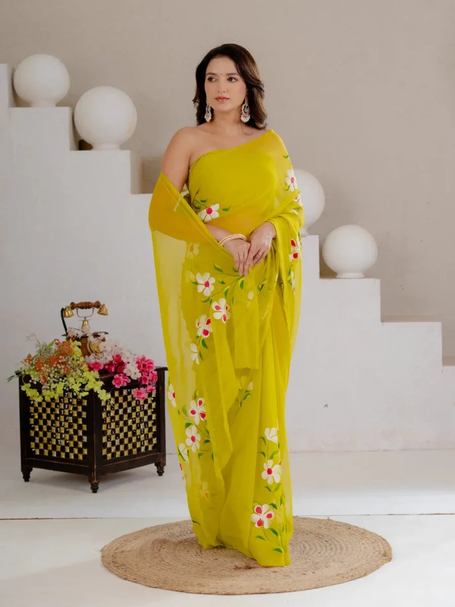 Lime Green Hand Painted Georgette Saree with White Hibiscus Floral Print