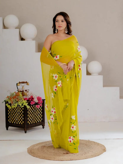 Lime Green Hand Painted Georgette Saree with White Hibiscus Floral Print