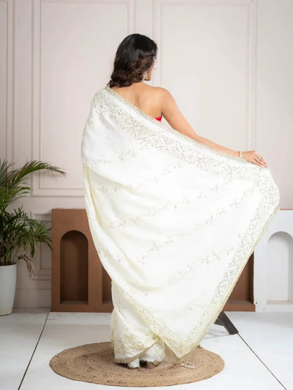 Elegant Ivory Silk Saree with Hand Embroidered Border