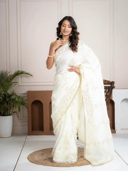 Elegant Ivory Silk Saree with Hand Embroidered Border