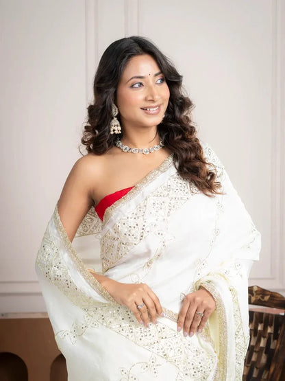 Elegant Ivory Silk Saree with Hand Embroidered Border