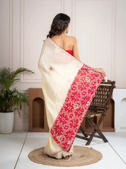 Strawberry Beige Bandhani Patola Silk Saree with Zardozi Work
