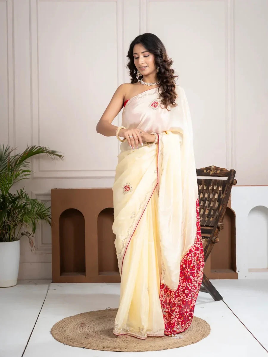 Strawberry Beige Bandhani Patola Silk Saree with Zardozi Work