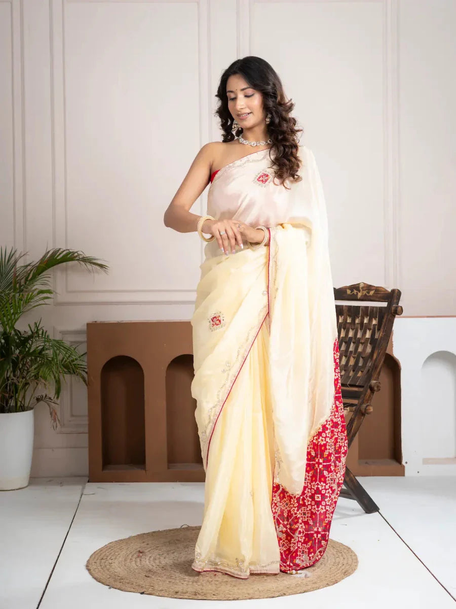 Strawberry Beige Bandhani Patola Silk Saree with Zardozi Work